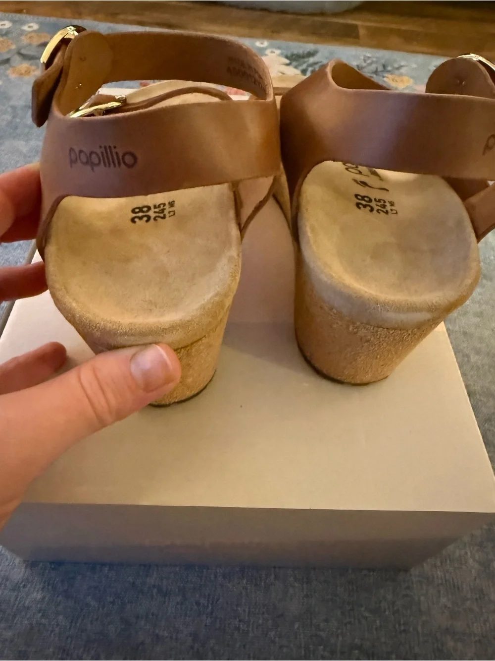 NWT Birkenstock Soley Wedge Sandal in Cognac Brown with Gold Buckles
